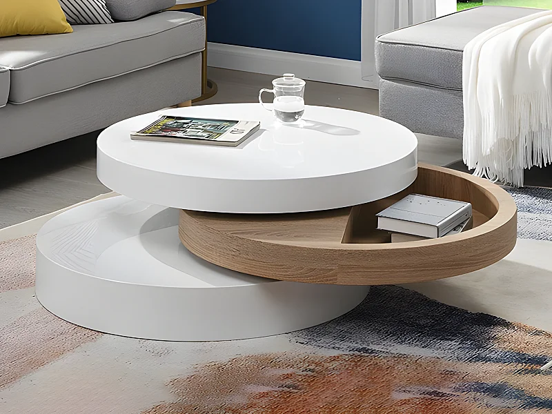 Table basse pivotante ronde avec 1 niche en MDF - Blanc et naturel clair - JANITA