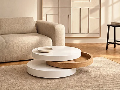 Table basse pivotante ronde avec 1 niche en MDF - Blanc et naturel clair - JANITA