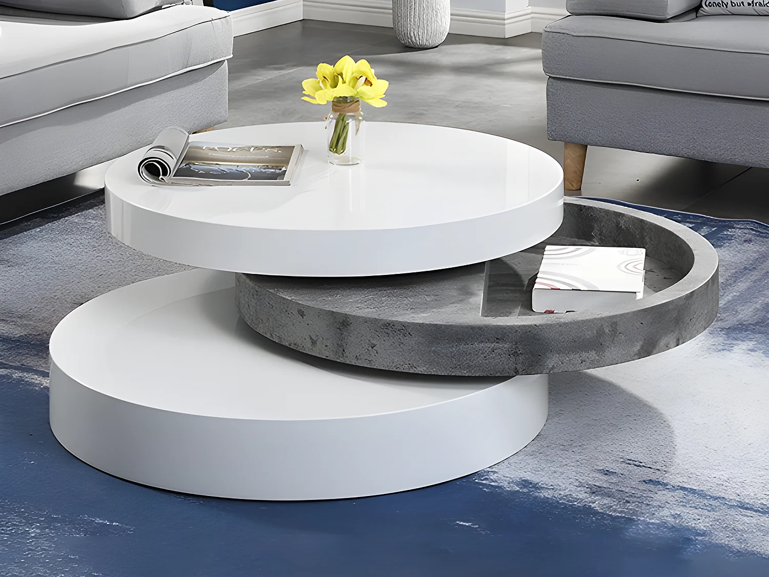 Couchtisch rund - drehbar - 1 Ablagefach - MDF - Beton-Optik & Weiß - JANITA