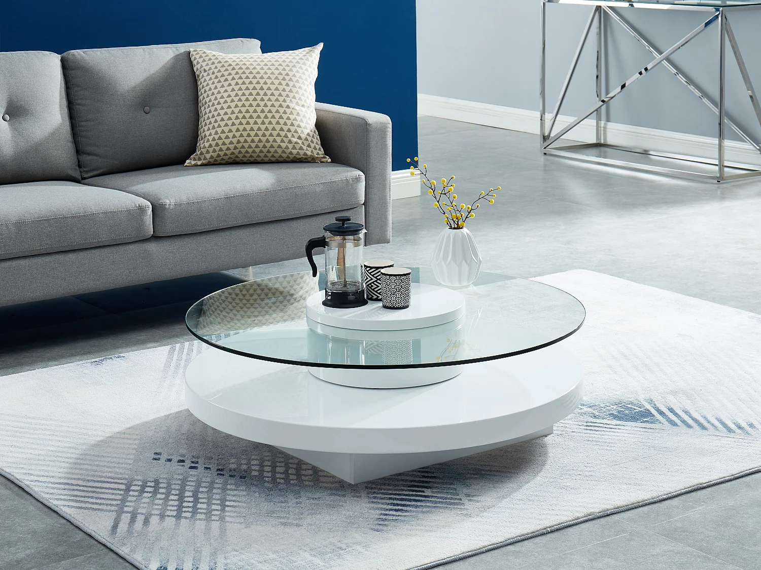 Table basse RYHALI - Plateau pivotant - Verre trempé & MDF blanc