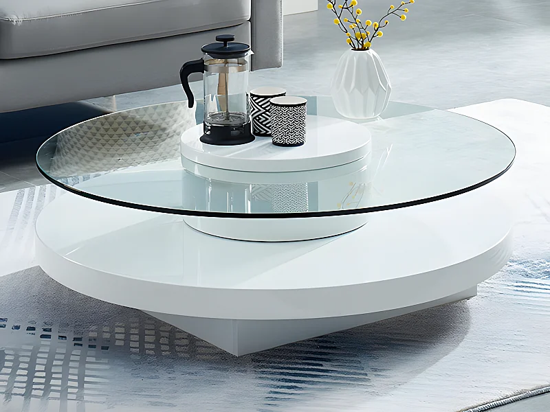 Table basse RYHALI - Plateau pivotant - Verre trempé & MDF blanc