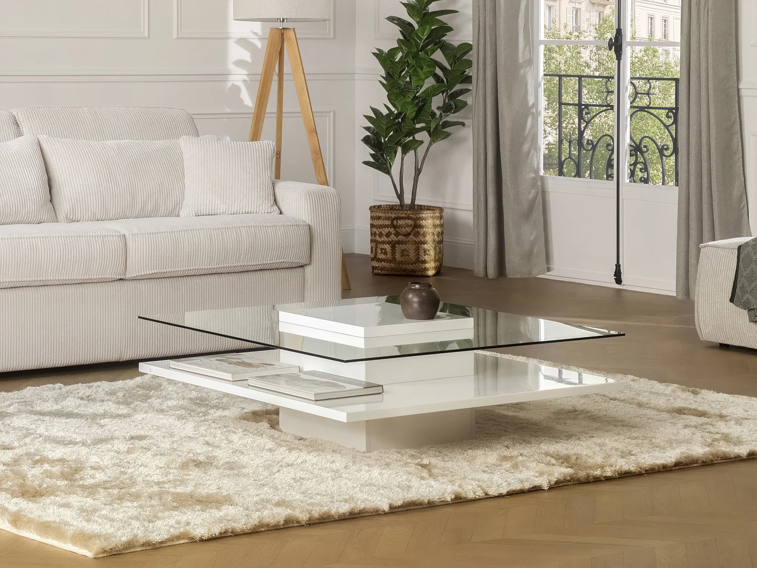 Table basse ISANIA - Verre trempé & MDF blanc