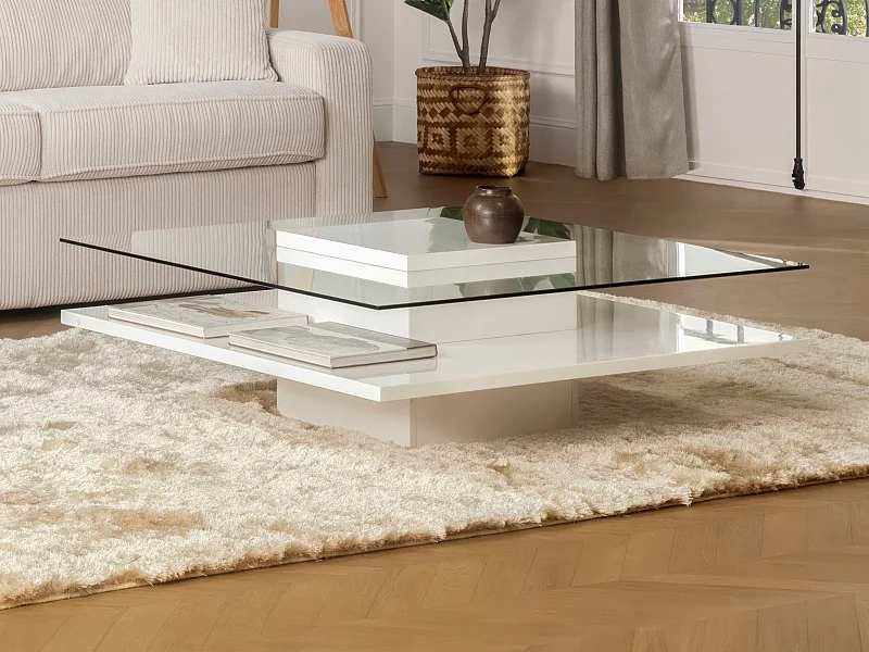 Table basse ISANIA - Verre trempé & MDF blanc