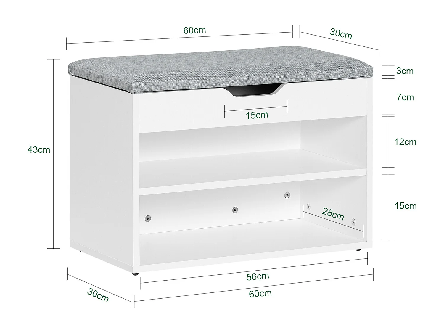 Banc de Rangement à chaussures 2 étages avec  Grise coussin Commode à Chaussures blanc, FSR25-HG