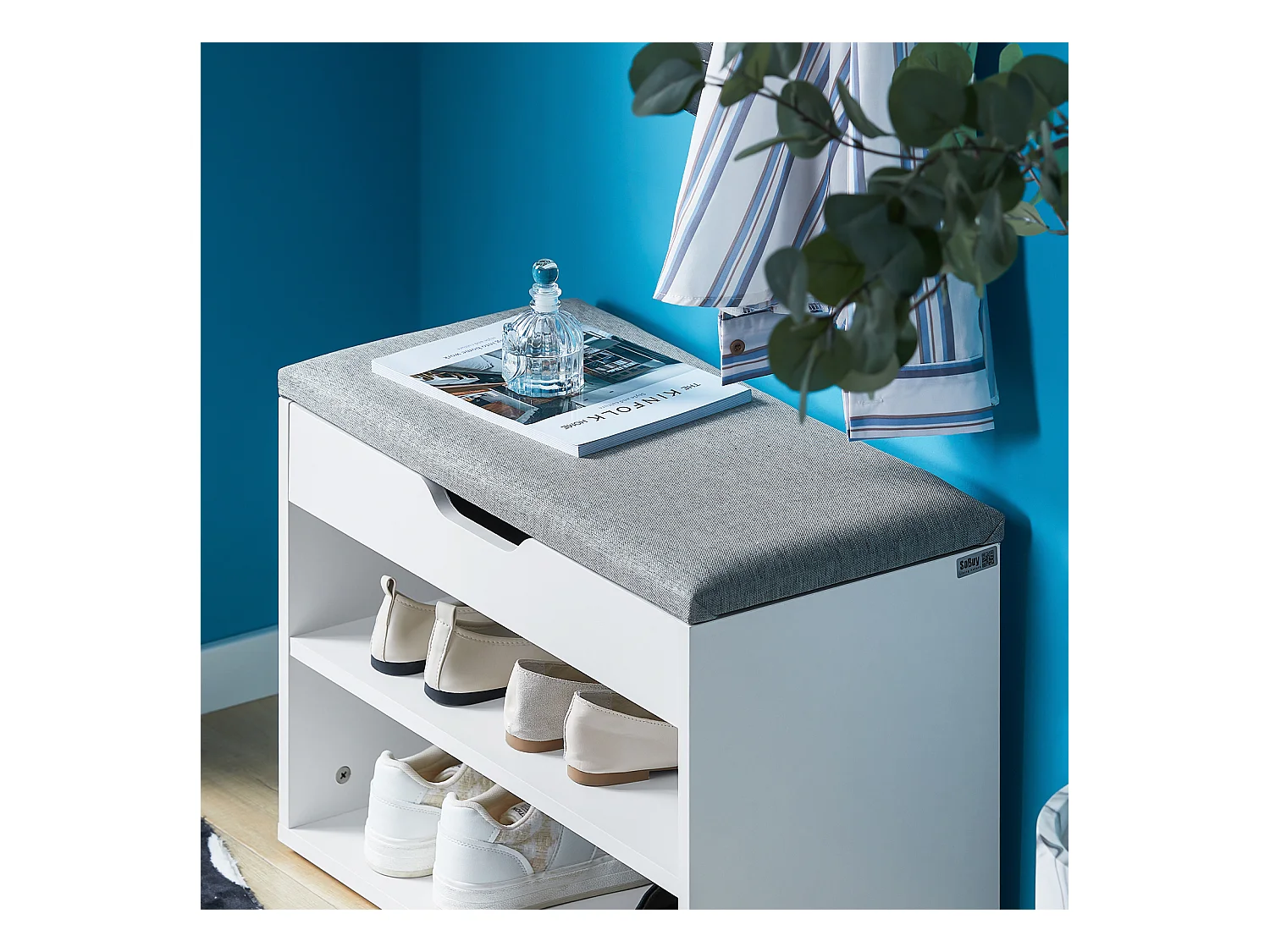Banc de Rangement à chaussures 2 étages avec  Grise coussin Commode à Chaussures blanc, FSR25-HG