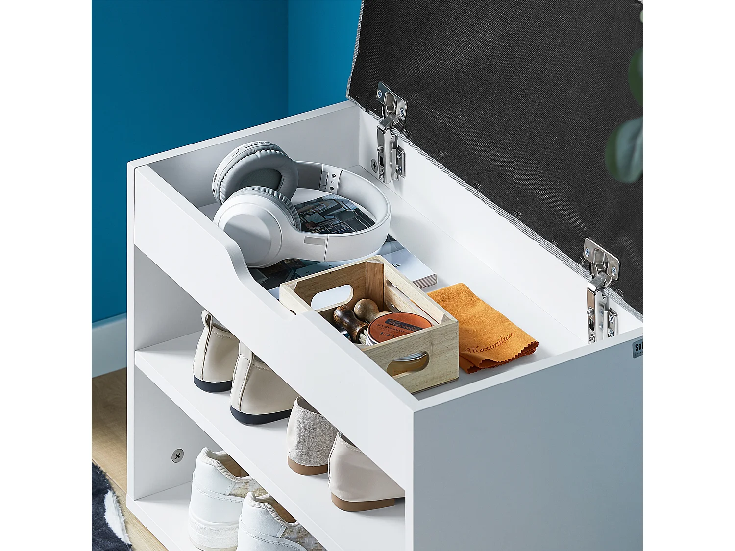 Banc de Rangement à chaussures 2 étages avec  Grise coussin Commode à Chaussures blanc, FSR25-HG