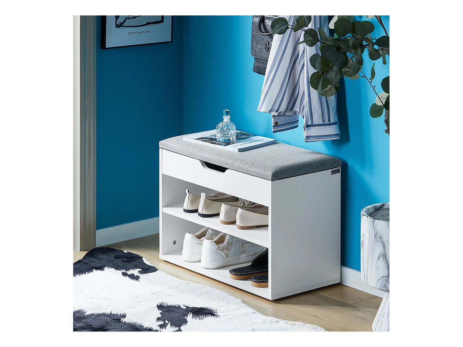 Banc de Rangement à chaussures 2 étages avec  Grise coussin Commode à Chaussures blanc, FSR25-HG