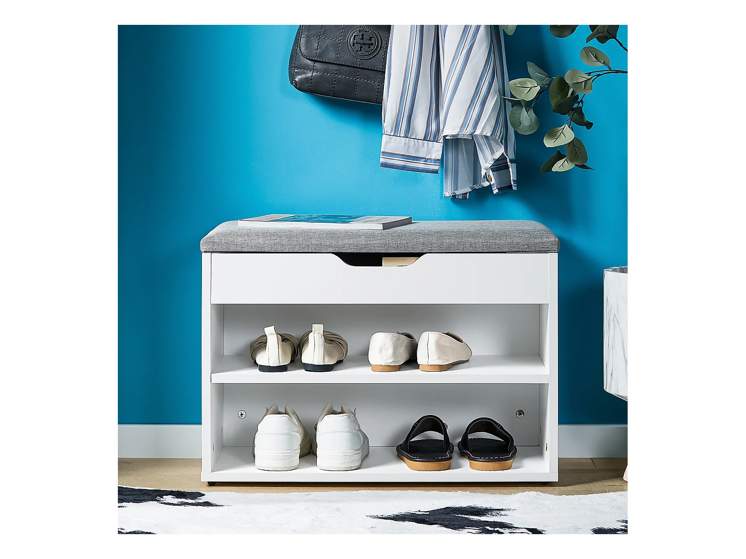 Banc de Rangement à chaussures 2 étages avec  Grise coussin Commode à Chaussures blanc, FSR25-HG