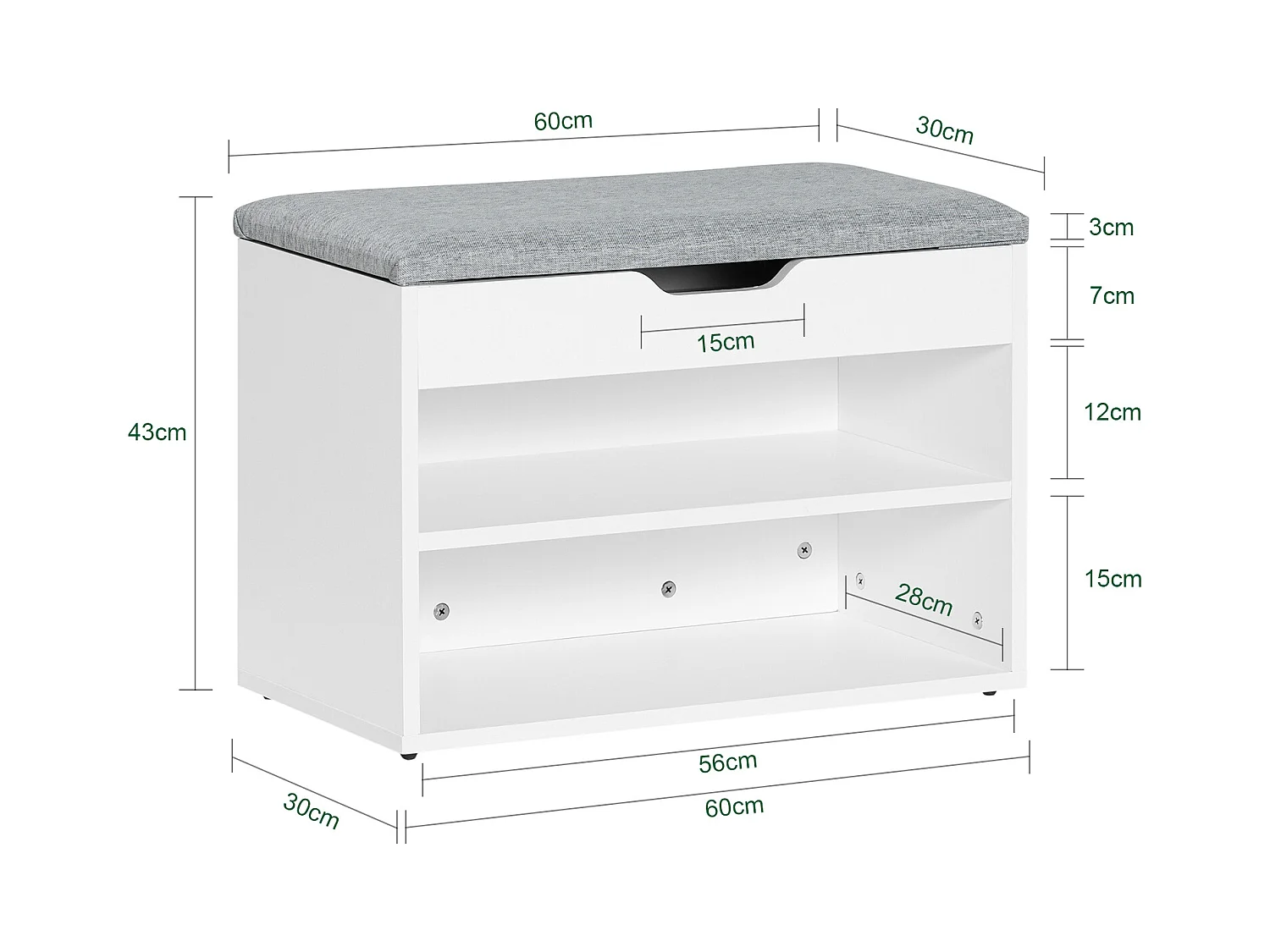 Banc de Rangement à chaussures 2 étages avec  Grise coussin Commode à Chaussures blanc, FSR25-HG