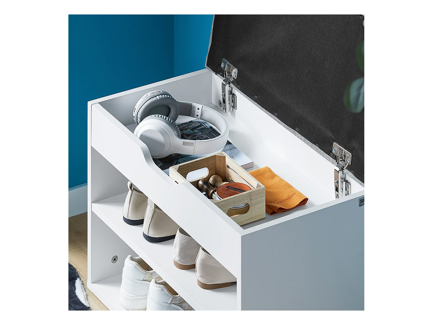 Banc de Rangement à chaussures 2 étages avec  Grise coussin Commode à Chaussures blanc, FSR25-HG