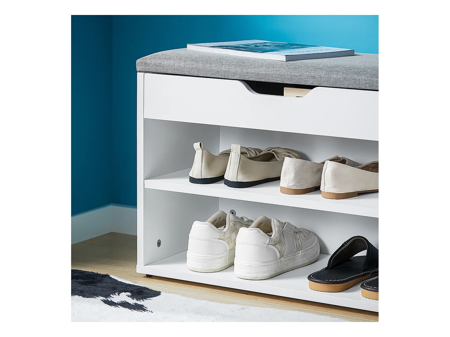 Banc de Rangement à chaussures 2 étages avec  Grise coussin Commode à Chaussures blanc, FSR25-HG