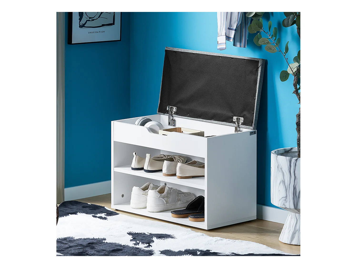 Banc de Rangement à chaussures 2 étages avec  Grise coussin Commode à Chaussures blanc, FSR25-HG