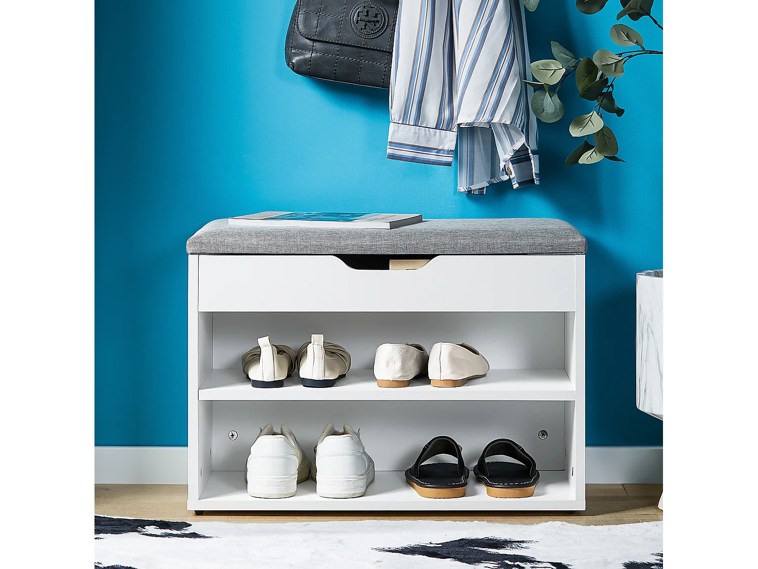 Banc de Rangement à chaussures 2 étages avec  Grise coussin Commode à Chaussures blanc, FSR25-HG