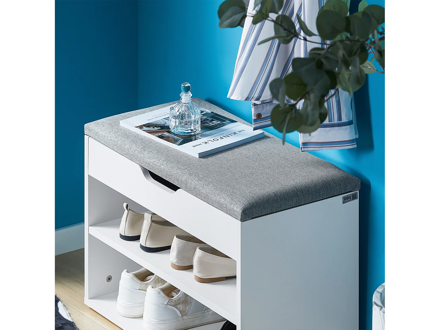 Banc de Rangement à chaussures 2 étages avec  Grise coussin Commode à Chaussures blanc, FSR25-HG