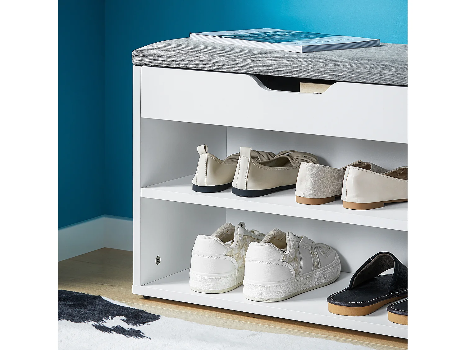 Banc de Rangement à chaussures 2 étages avec  Grise coussin Commode à Chaussures blanc, FSR25-HG