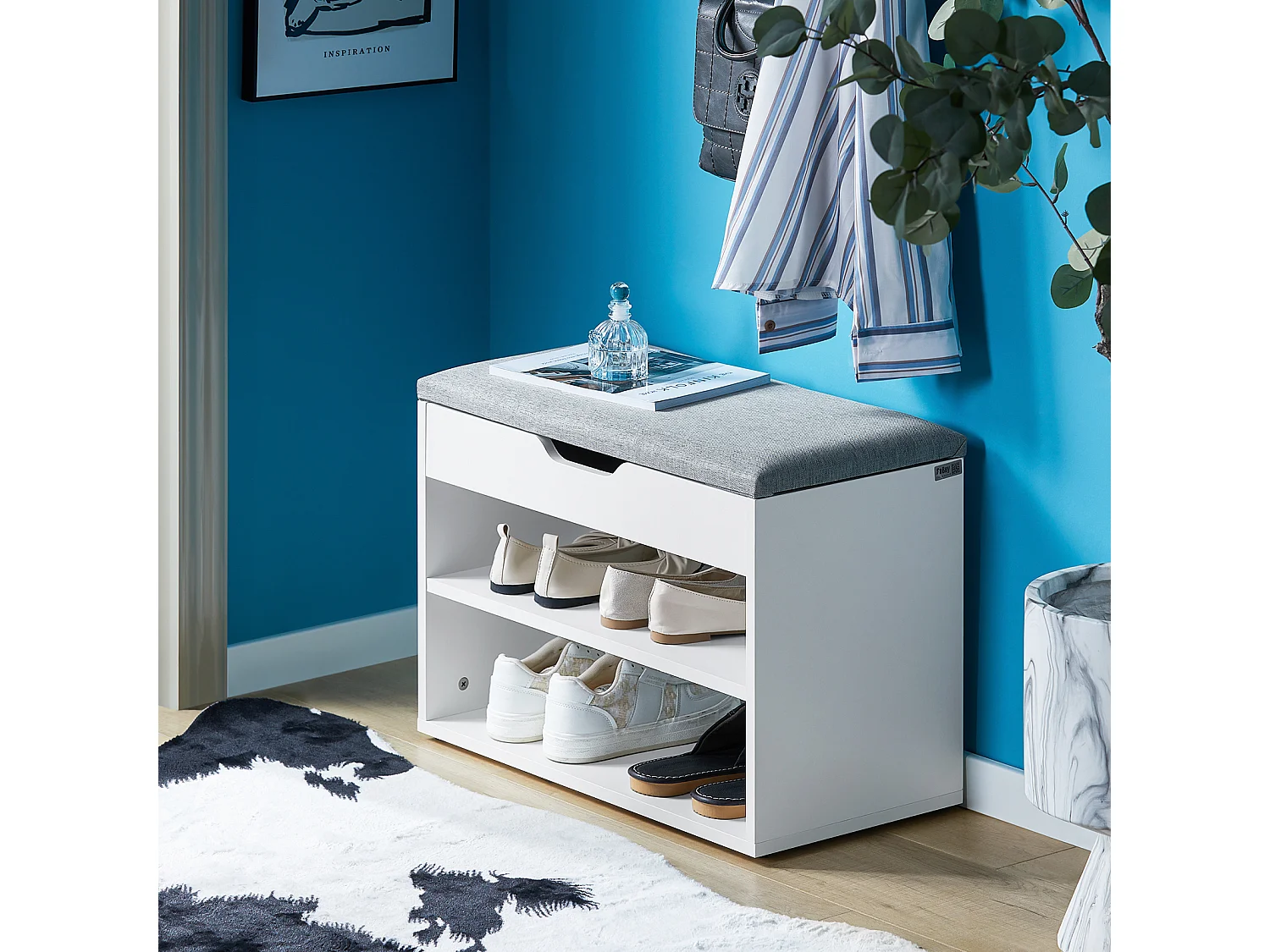 Banc de Rangement à chaussures 2 étages avec  Grise coussin Commode à Chaussures blanc, FSR25-HG