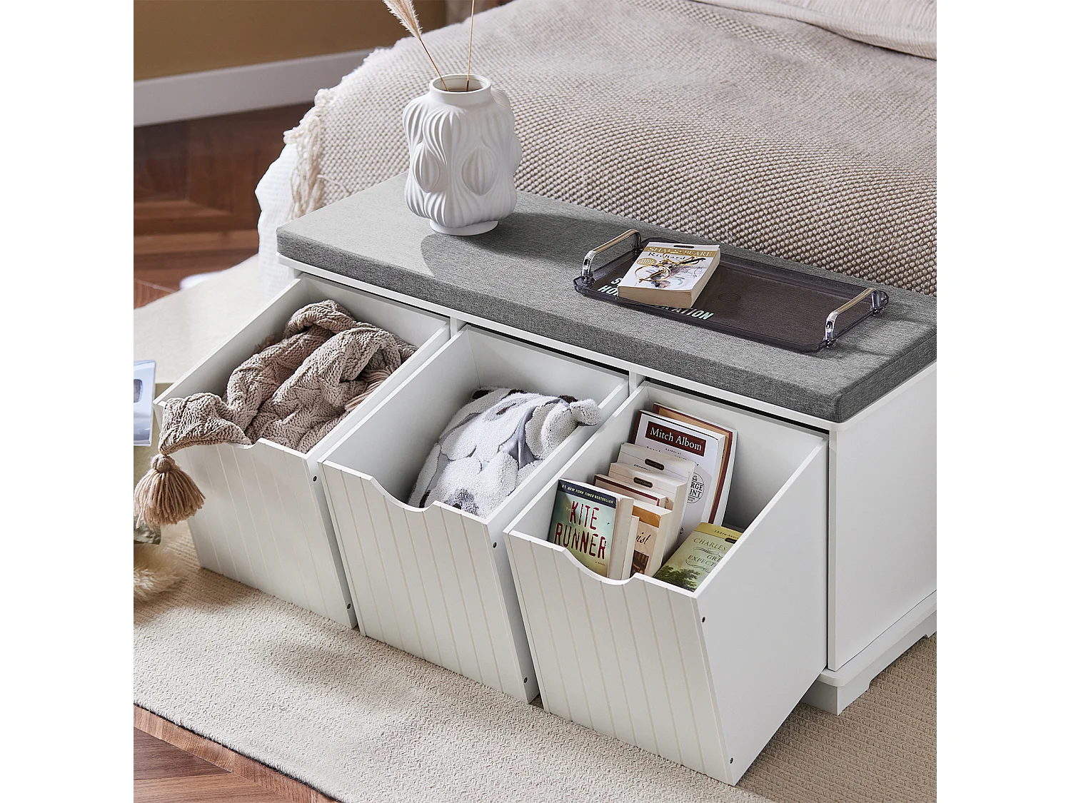 Banc de Rangement avec 3 cubes et coussin rembourré Meuble d'Entrée Commode à Chaussure, FSR30-W