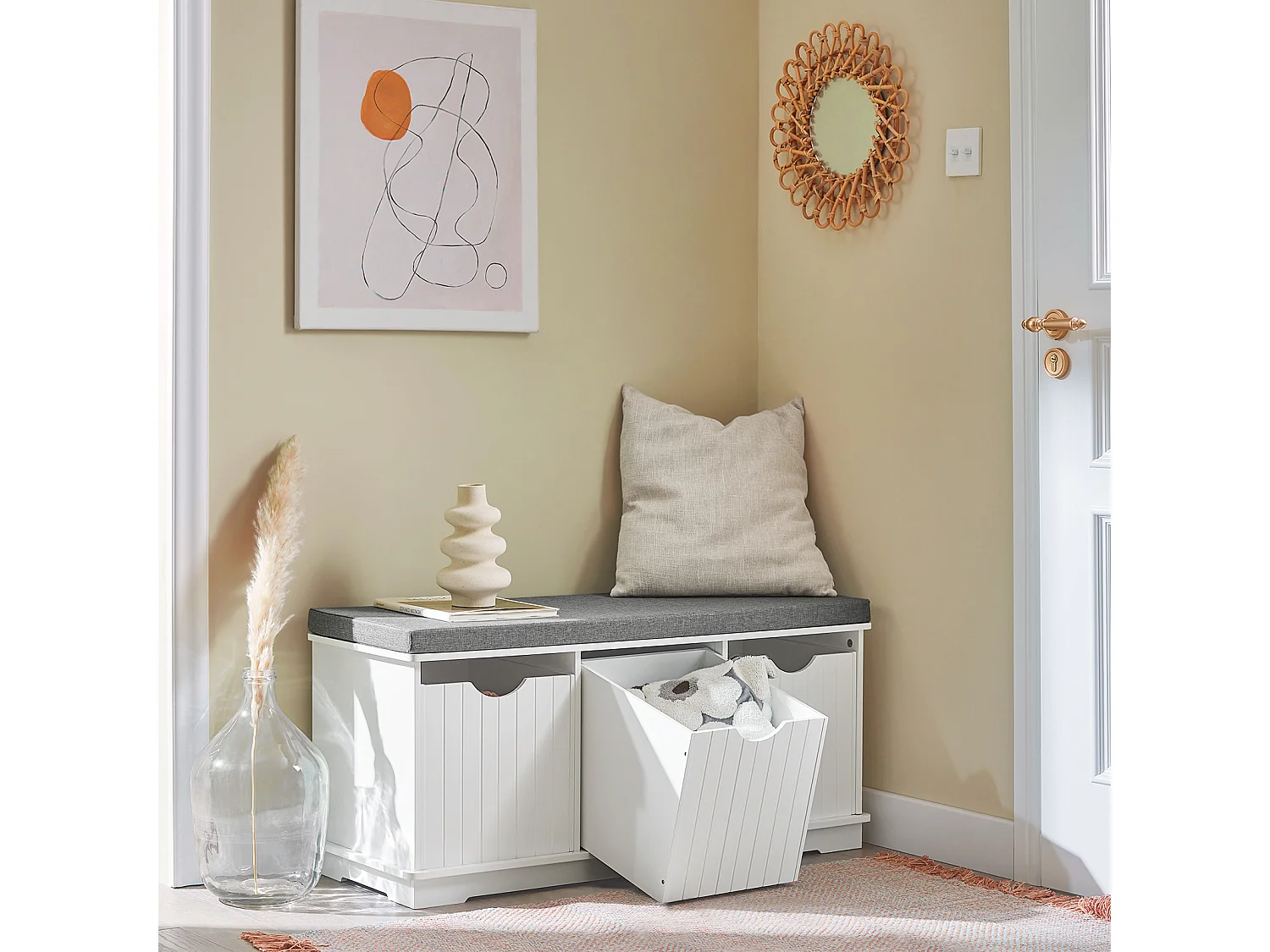 Banc de Rangement avec 3 cubes et coussin rembourré Meuble d'Entrée Commode à Chaussure, FSR30-W