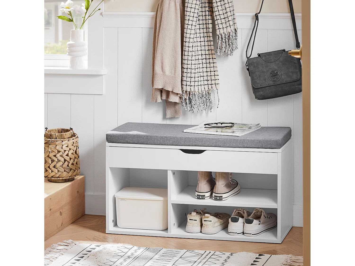 Banco Zapatero,Armario de Almacenamiento con Cajón y 3 Compartimientos,H46 cm,FSR45-HG SoBuy ES