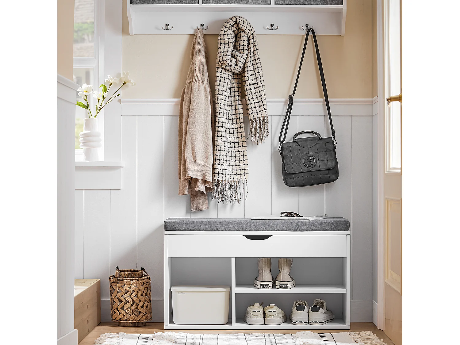 Banc de Rangement à Chaussures Bottes avec Coussin RembourréMeuble d'Entrée, FSR45-HG