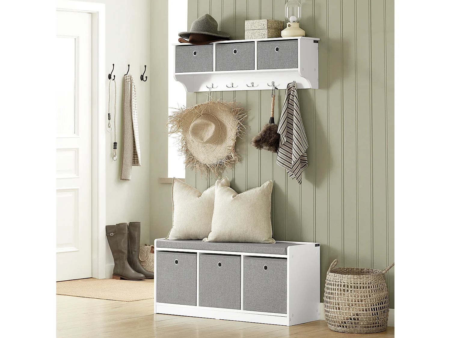 SoBuy FSR65-DG Schoenenbank Schoenenkast Schoenenrek Opbergruimte met zitkussen wit