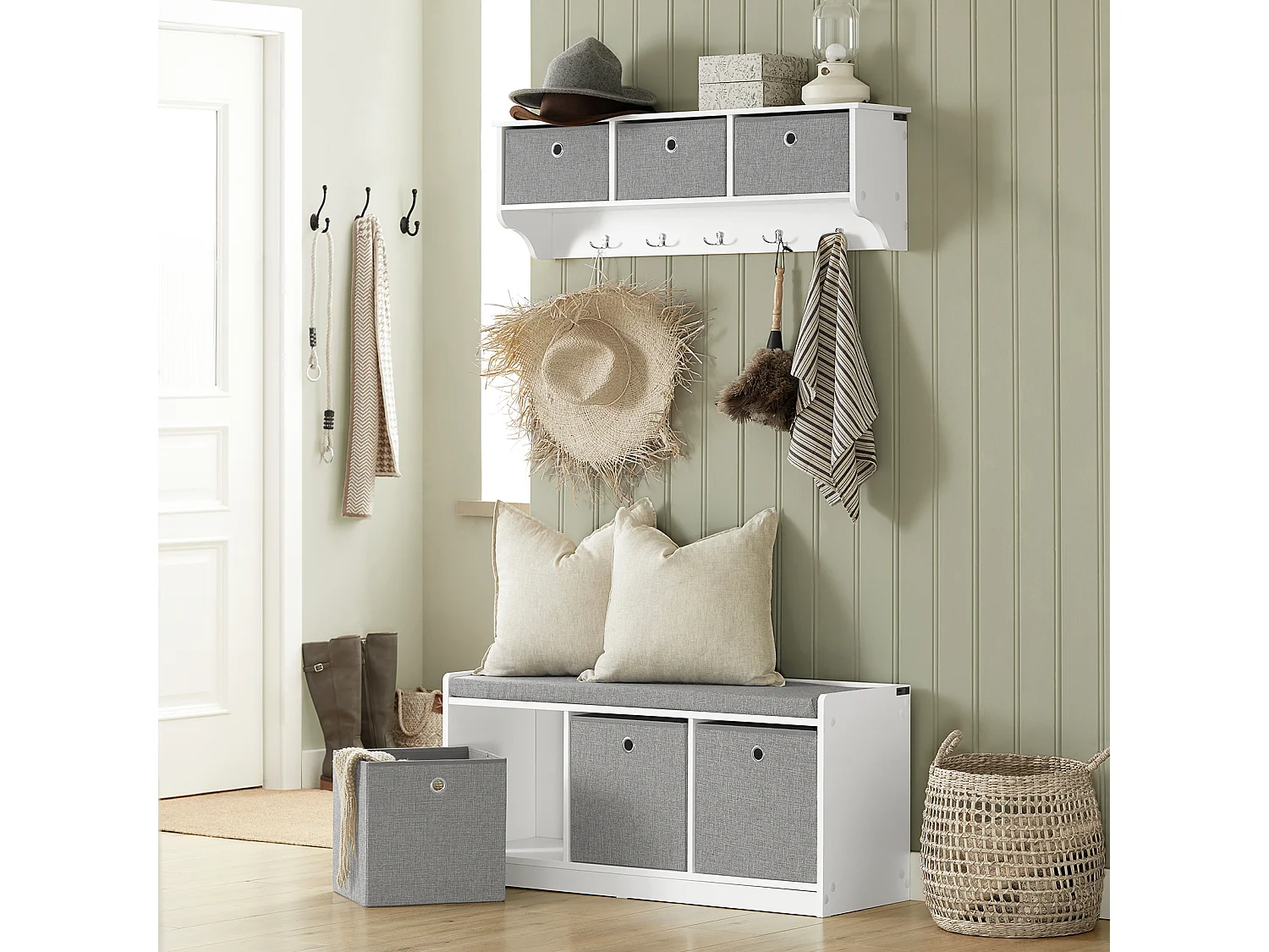 SoBuy FSR65-DG Schoenenbank Schoenenkast Schoenenrek Opbergruimte met zitkussen wit