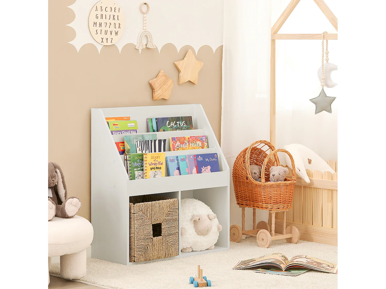 SoBuy KMB01-W Boekenrek Boekenplank Opbergvak Kinderplank Speelgoedkast met 3 opbergvakken