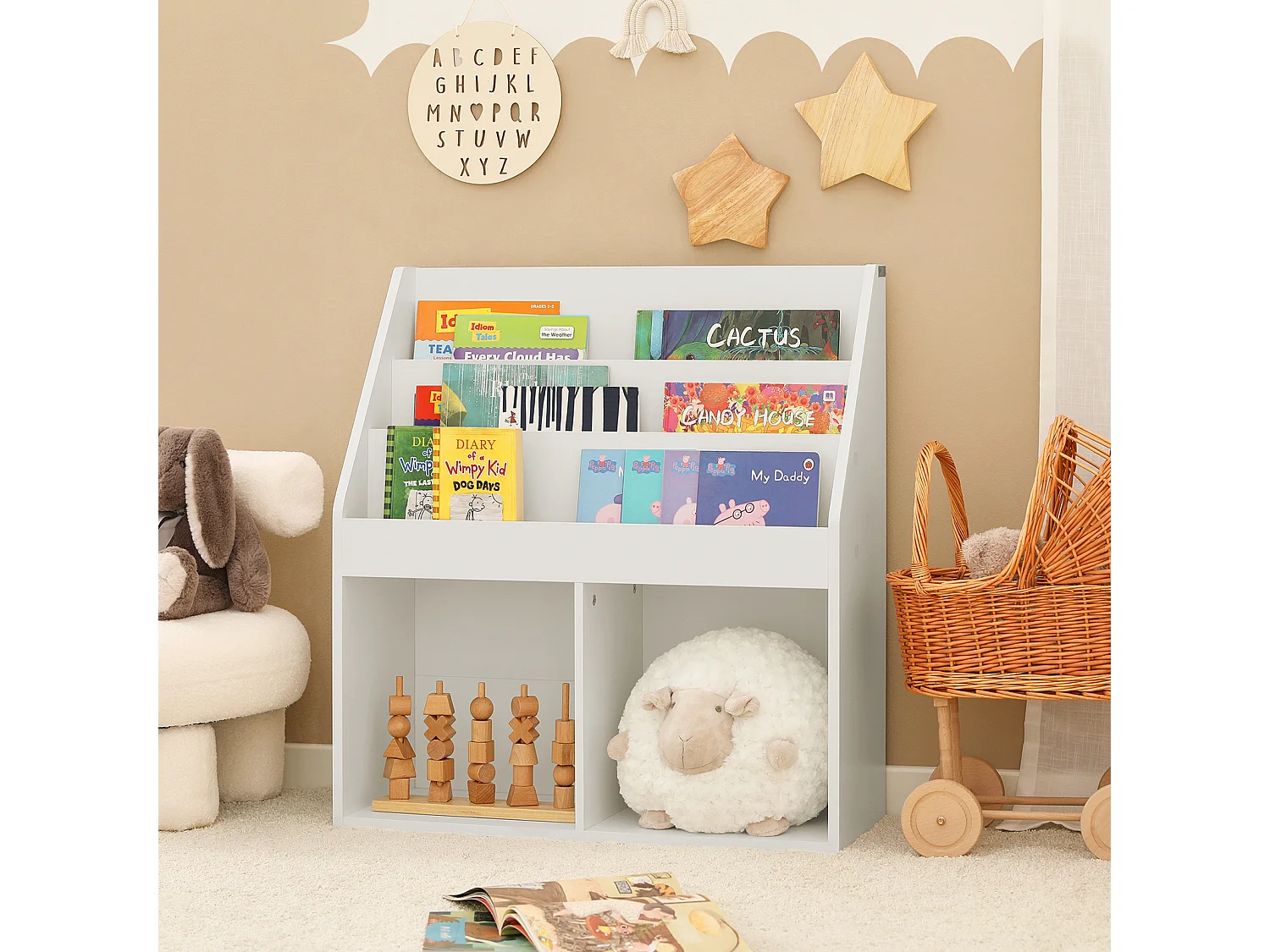 SoBuy KMB01-W Boekenrek Boekenplank Opbergvak Kinderplank Speelgoedkast met 3 opbergvakken