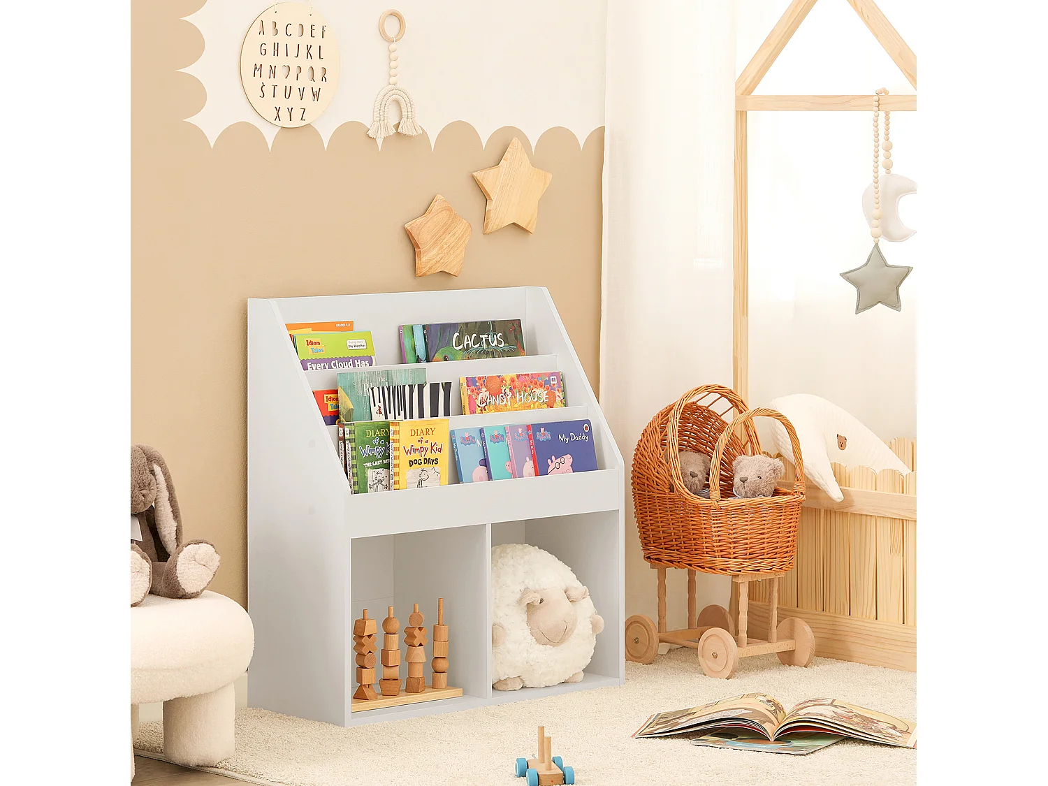 Bibliothèque Étagère à Livres Étagère de Rangement 3 Compartiments et 2 Cubes Ouverts, KMB01-W