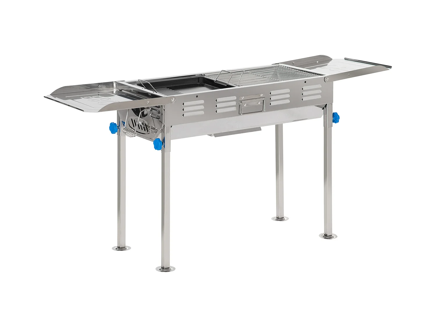Barbecue à charbon pliable portable réglable BBQ grill sur pied avec tablettes rabattables, grille, plaque teppanyaki, pinces, récupérateur cendres acier inox.