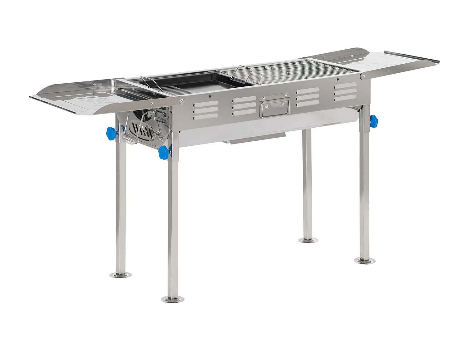 Barbecue à charbon pliable portable réglable BBQ grill sur pied avec tablettes rabattables, grille, plaque teppanyaki, pinces, récupérateur cendres acier inox.