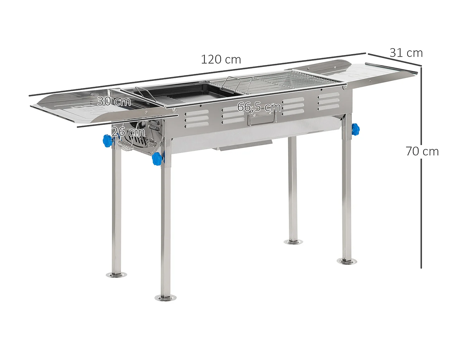 Barbecue à charbon pliable portable réglable BBQ grill sur pied avec tablettes rabattables, grille, plaque teppanyaki, pinces, récupérateur cendres acier inox.