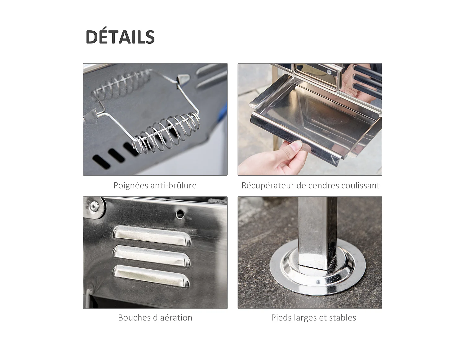 Barbecue à charbon pliable portable réglable BBQ grill sur pied avec tablettes rabattables, grille, plaque teppanyaki, pinces, récupérateur cendres acier inox.