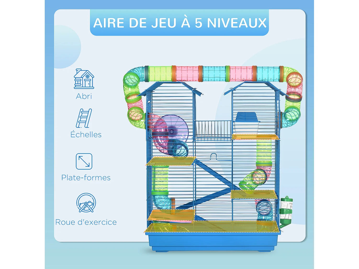 Cage pour hamster souris petits animaux rongeur avec tunnel mangeoire roue jouet 47 x 30 x 59 cm cm bleu