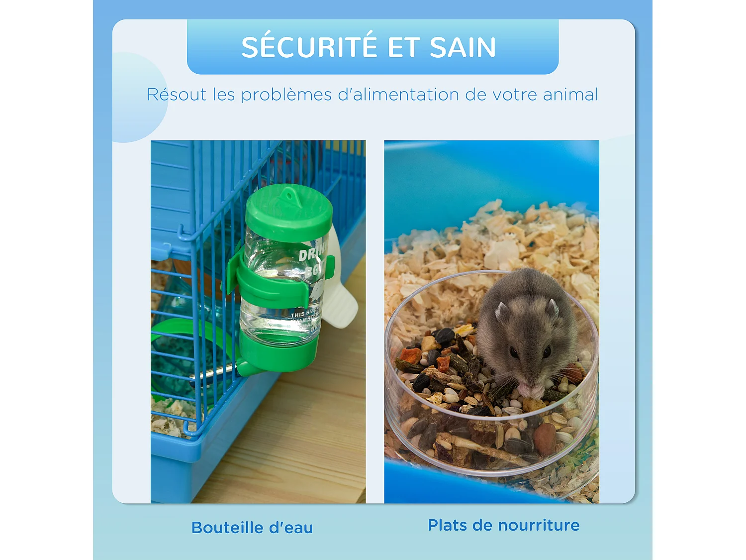 Cage pour hamster souris petits animaux rongeur avec tunnel mangeoire roue jouet 47 x 30 x 59 cm cm bleu