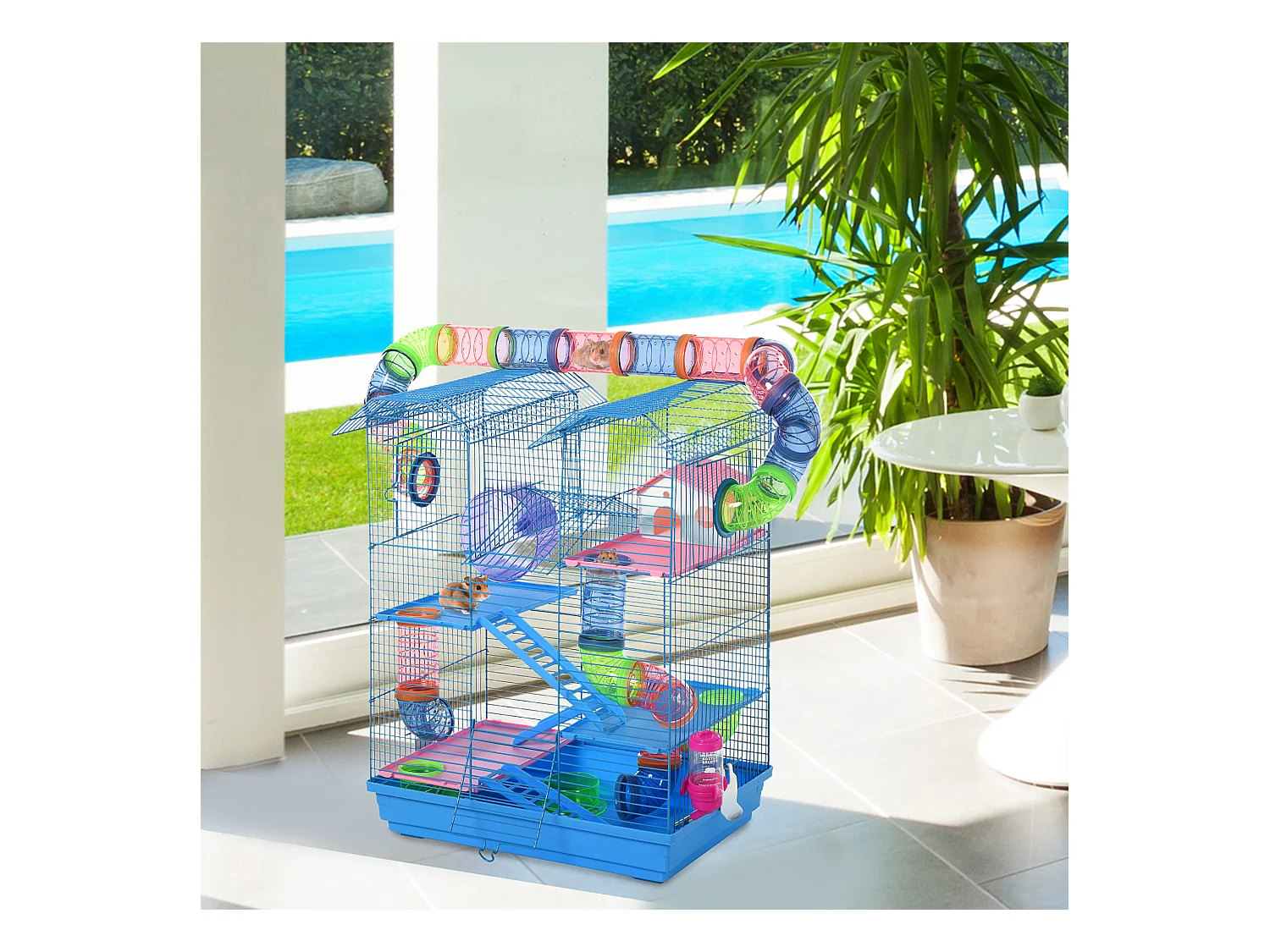 Cage pour Hamster Souris Petit Animaux Rongeur avec Tunnel Mangeoire Roue Jouet 47 x 30 x 59 cm cm Bleu