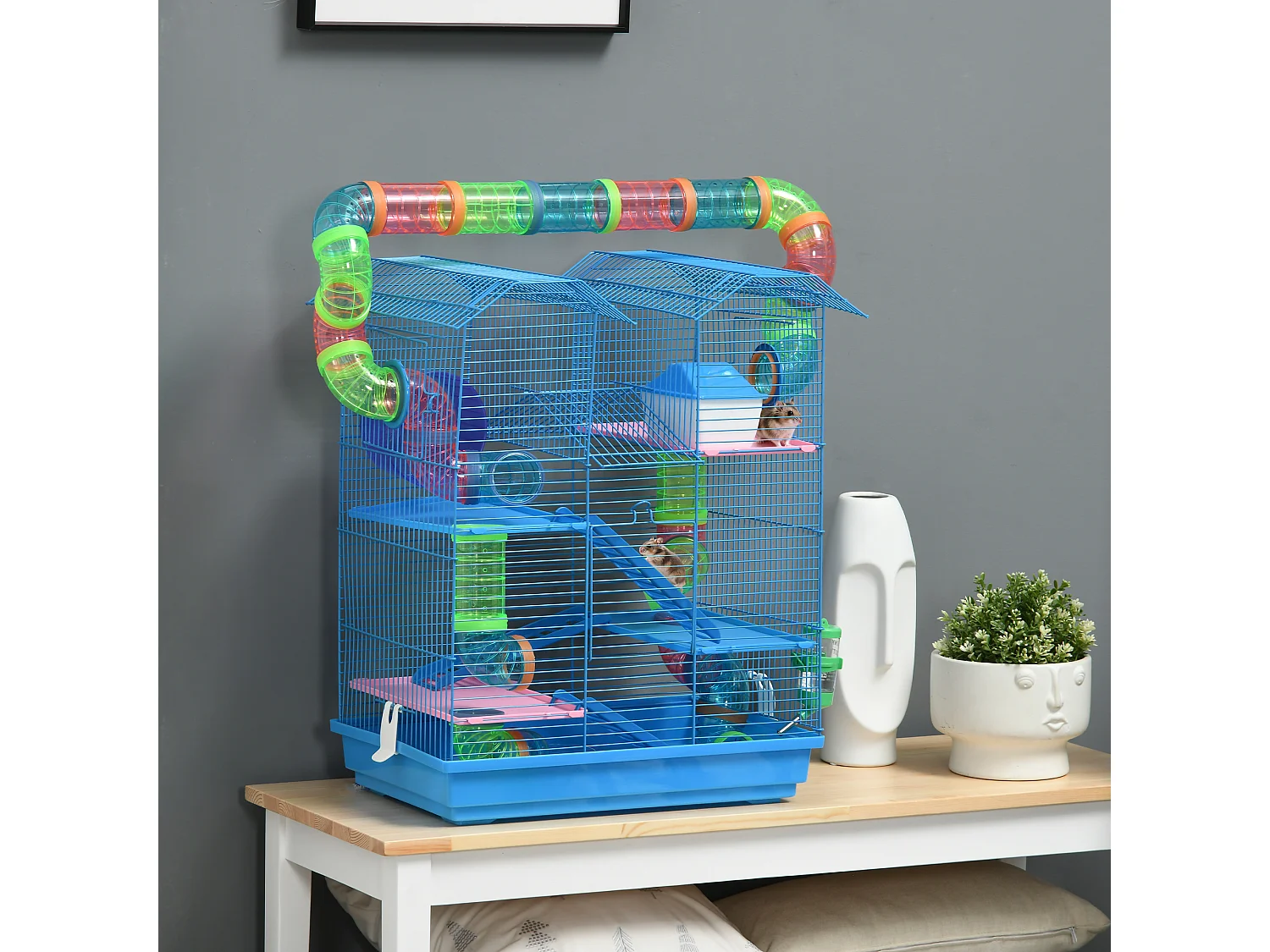 Cage pour hamster souris petits animaux rongeur avec tunnel mangeoire roue jouet 47 x 30 x 59 cm cm bleu