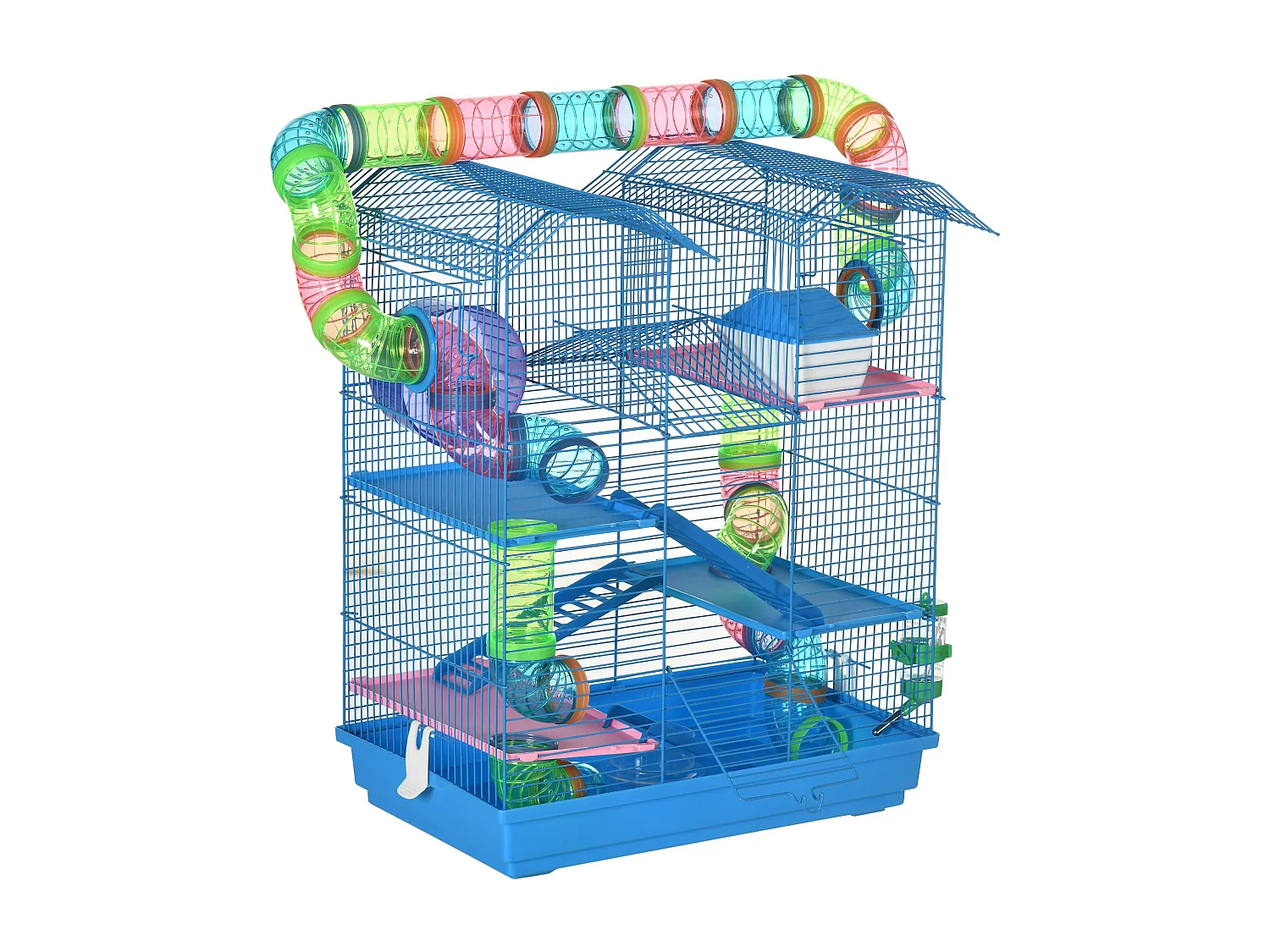 Cage pour hamster souris petits animaux rongeur avec tunnel mangeoire roue jouet 47 x 30 x 59 cm cm bleu
