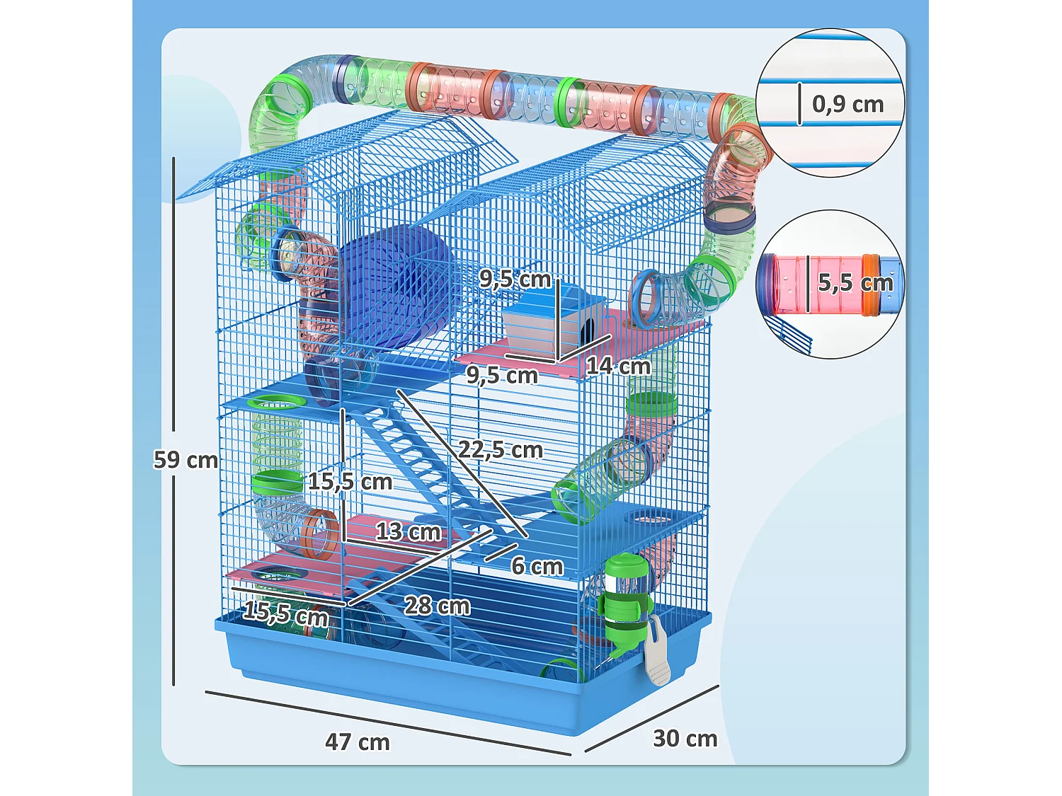 Cage pour hamster souris petits animaux rongeur avec tunnel mangeoire roue jouet 47 x 30 x 59 cm cm bleu