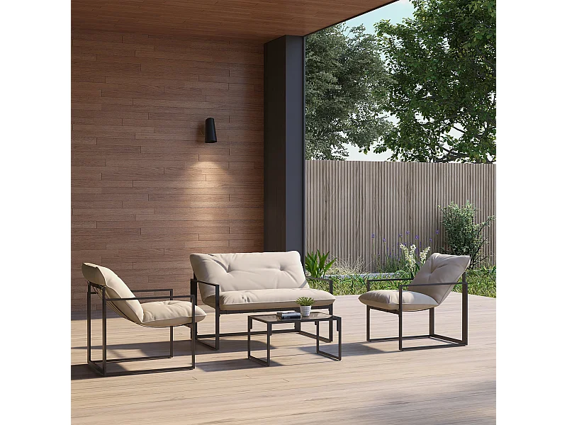 Salon de jardin 4 personnes - 4 pièces, 3 coussins - acier époxy noir polyester beige