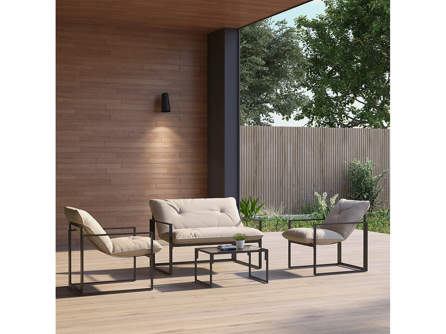 Salon de jardin 4 personnes - 4 pièces, 3 coussins - acier époxy noir polyester beige