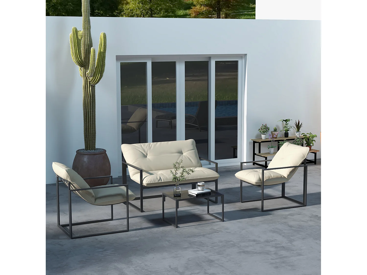 Salon de jardin 4 personnes - 4 pièces, 3 coussins - acier époxy noir polyester beige