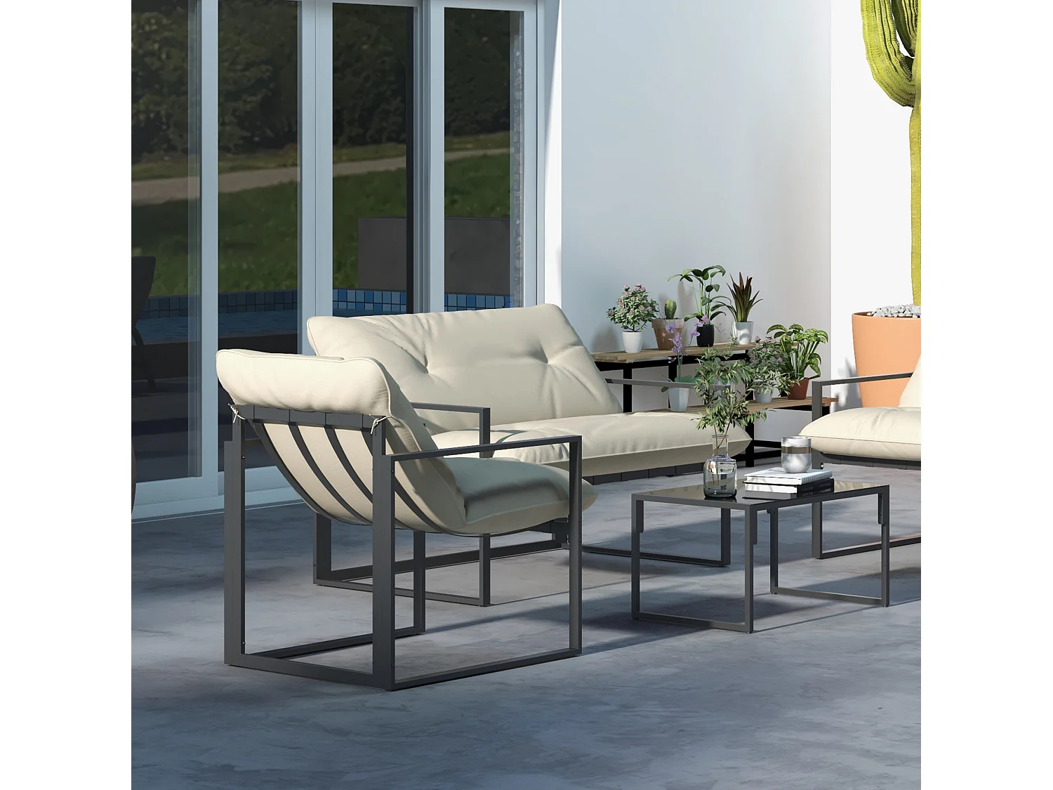 Salon de jardin 4 personnes - 4 pièces, 3 coussins - acier époxy noir polyester beige