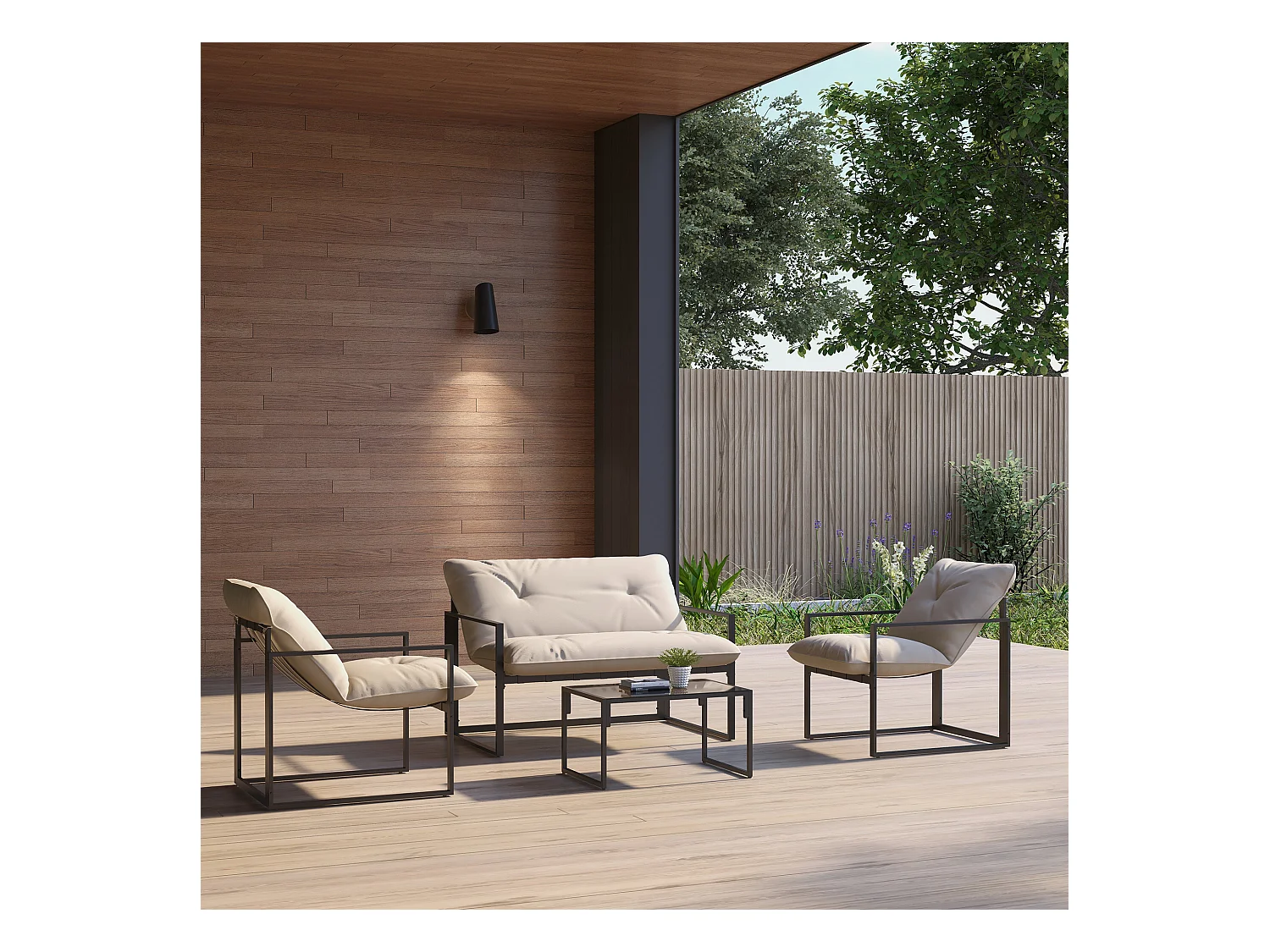 Salon de jardin 4 personnes - 4 pièces, 3 coussins - acier époxy noir polyester beige