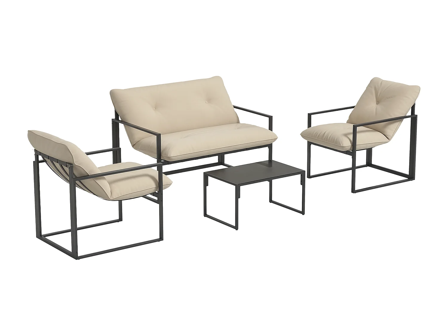 Salon de jardin 4 personnes - 4 pièces, 3 coussins - acier époxy noir polyester beige