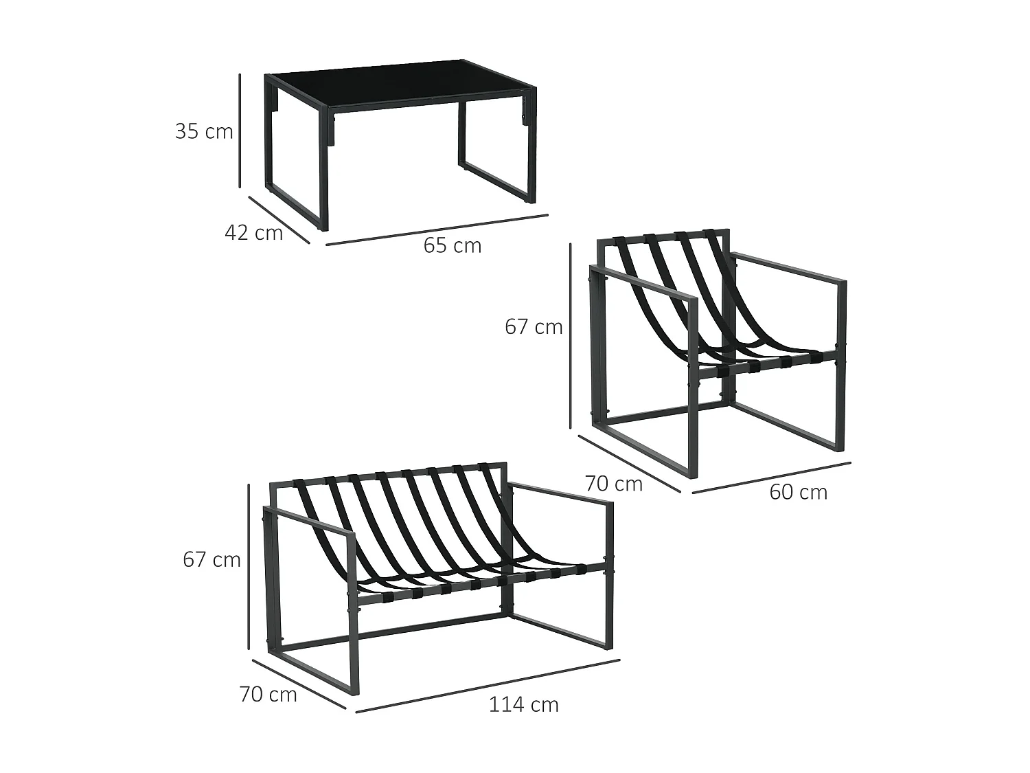 Salon de jardin 4 personnes - 4 pièces, 3 coussins - acier époxy noir polyester beige