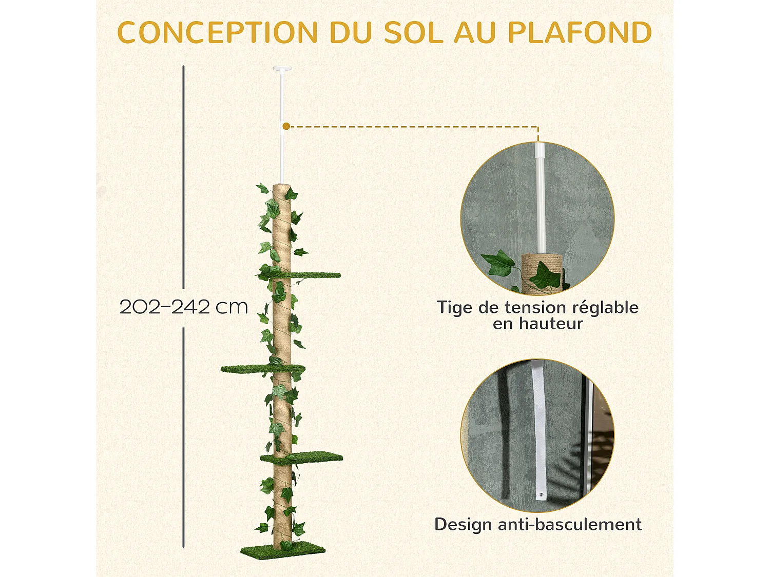 Arbre à chat poteau à griffer design hauteur réglable dim. 37L x 21l x 202- 242H cm 4 niveaux beige vert