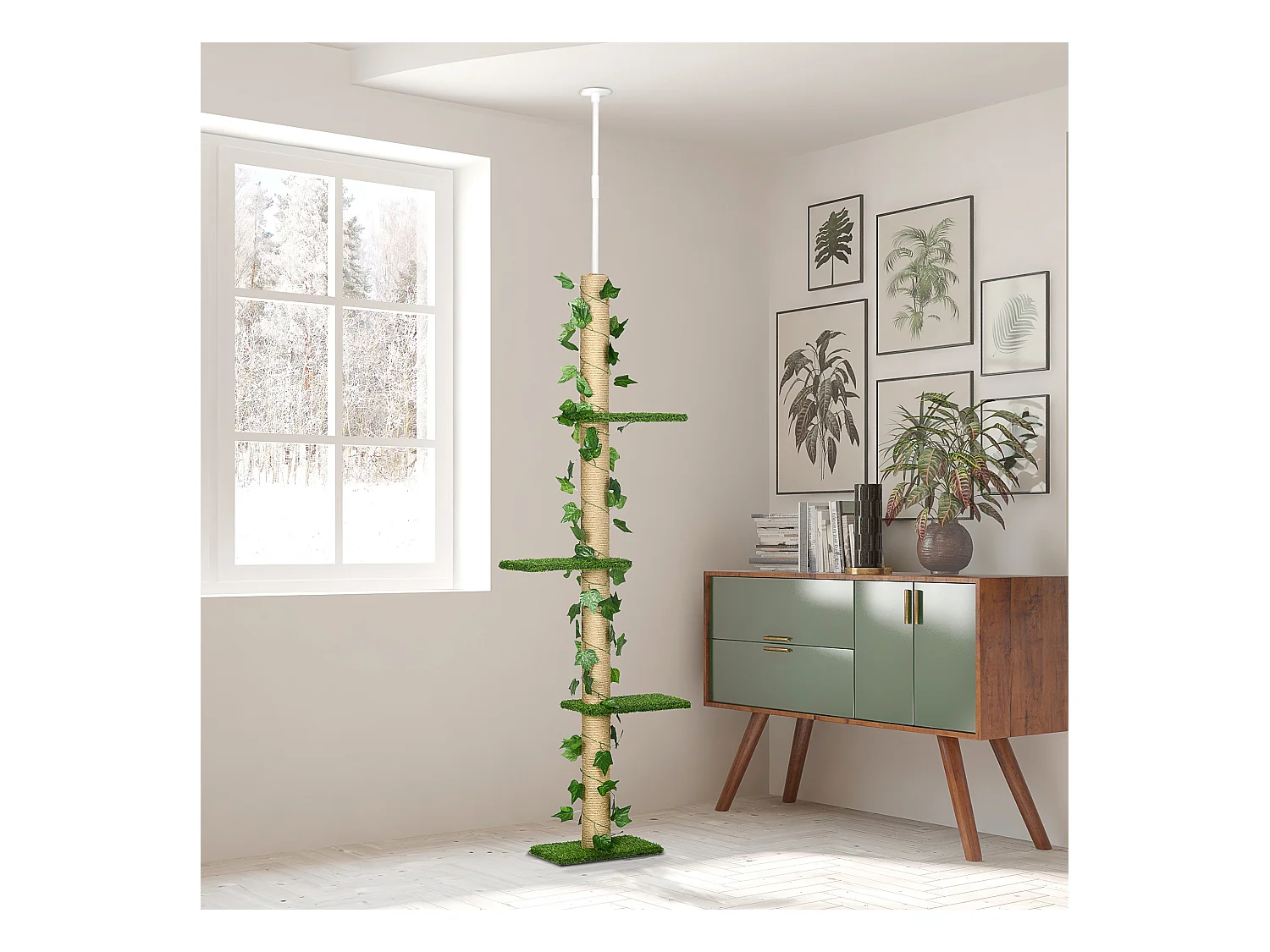 Arbre à chat poteau à griffer design hauteur réglable dim. 37L x 21l x 202- 242H cm 4 niveaux beige vert