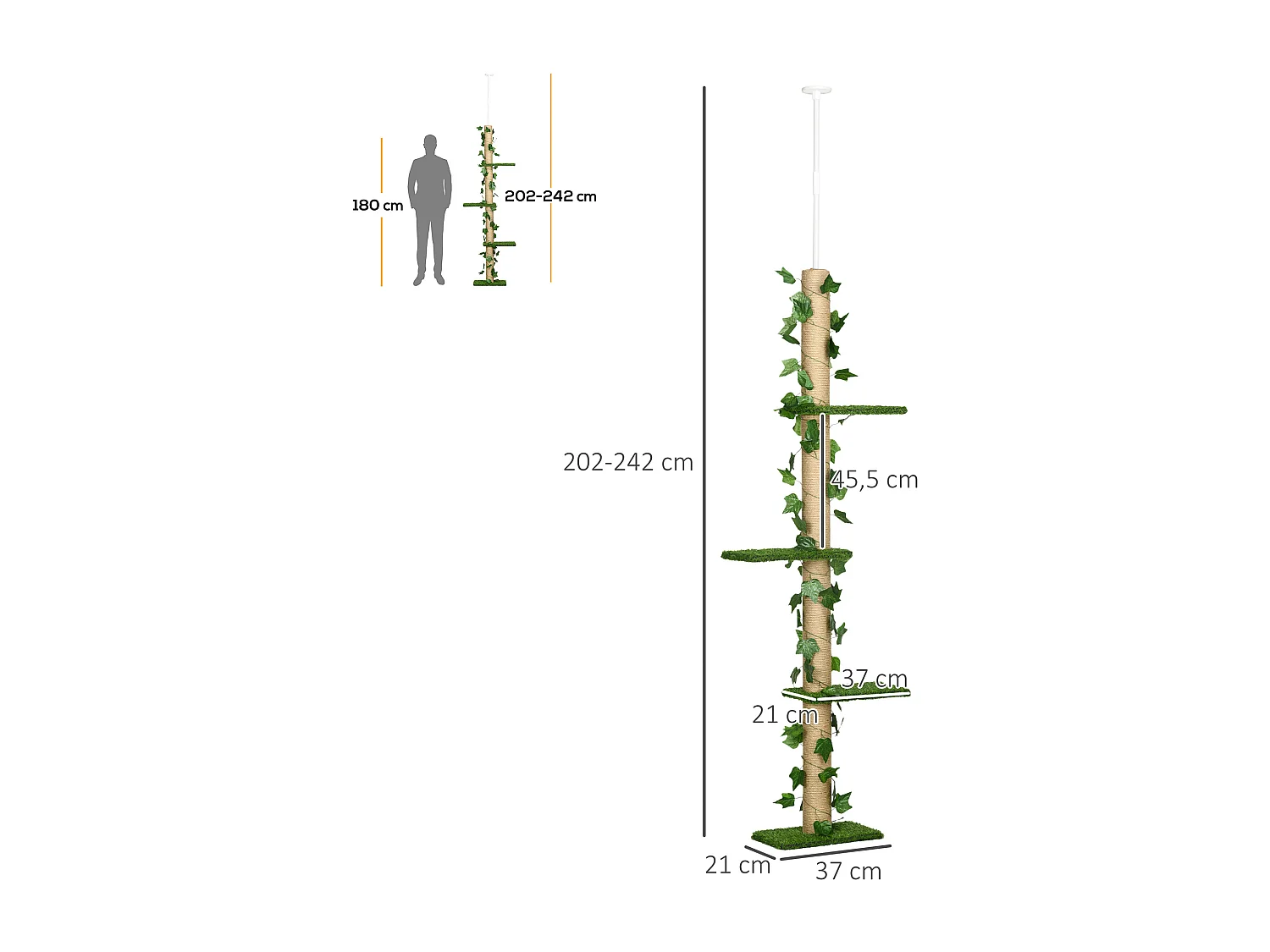 Arbre à chat poteau à griffer design hauteur réglable dim. 37L x 21l x 202- 242H cm 4 niveaux beige vert