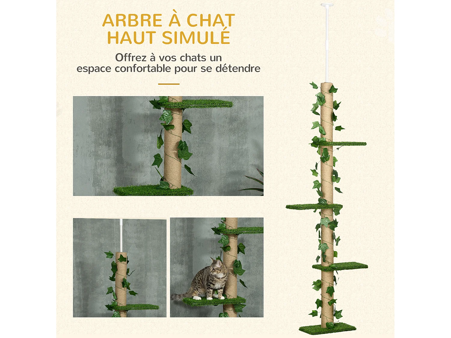 Arbre à chat poteau à griffer design hauteur réglable dim. 37L x 21l x 202- 242H cm 4 niveaux beige vert